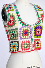 Load image into Gallery viewer, 1970s Crochet Vest Wool Knit Top Adolfo Saks 5th Ave Granny Squares S/XS