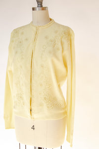 1960s Sweater Beaded Cream Wool Knit Cardigan Embellished M