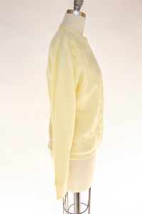 1960s Sweater Beaded Cream Wool Knit Cardigan Embellished M