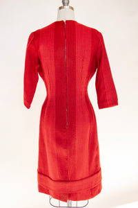 1960s Dress Wool Woven Fitted Burgundy Red S