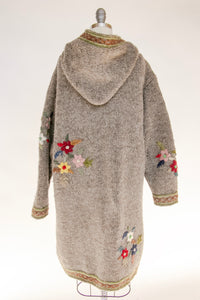 1970s Sweater Wool Chunky Knit Floral Hooded Long