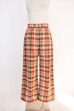 1970s Pants Wool Blend Plaid Wide Leg High Waist Trousers M