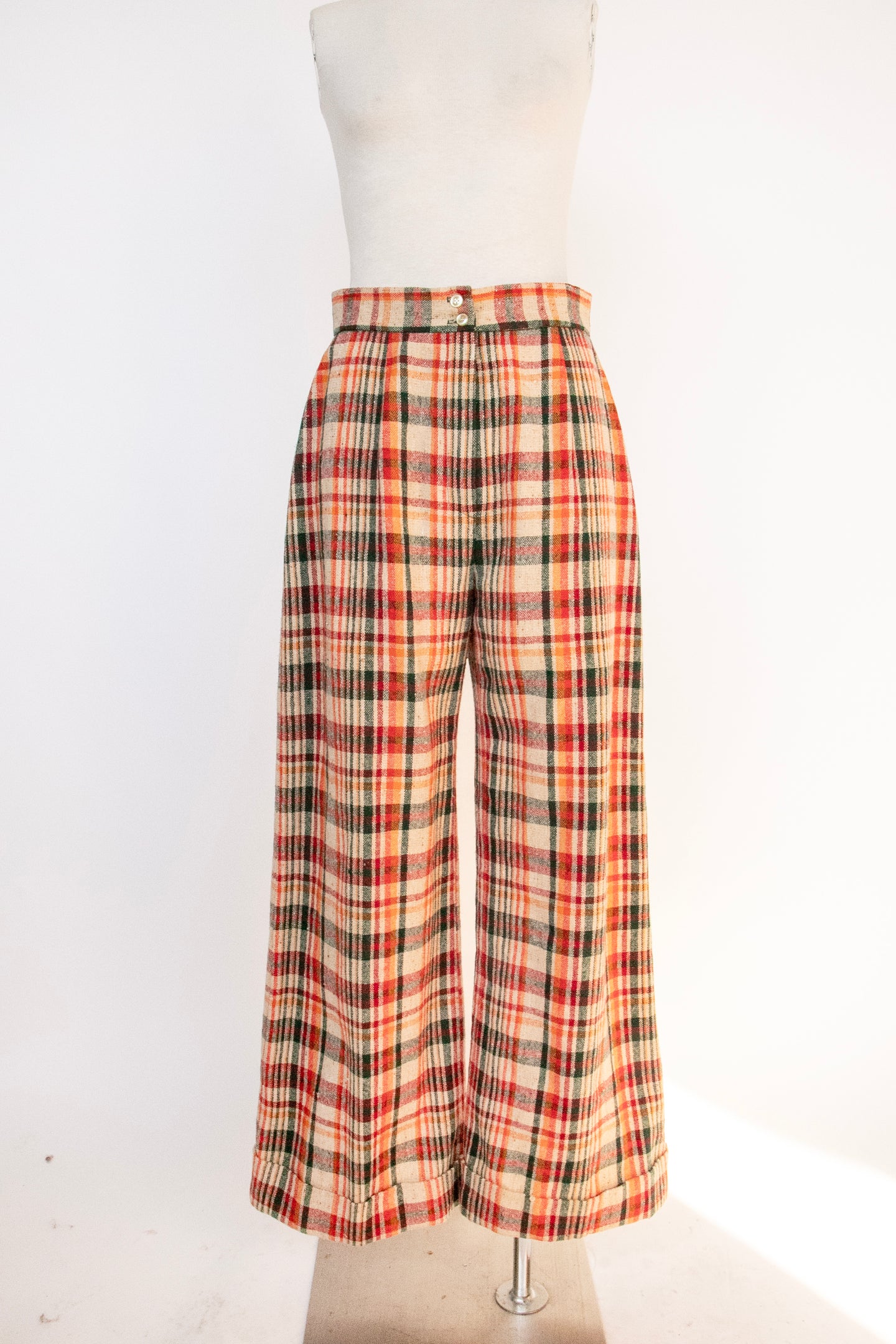 1970s Pants Wool Blend Plaid Wide Leg High Waist Trousers M