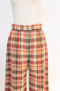 1970s Pants Wool Blend Plaid Wide Leg High Waist Trousers M