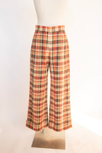 1970s Pants Wool Blend Plaid Wide Leg High Waist Trousers M