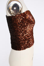 Load image into Gallery viewer, 1980s Sequin Tube Top Sleeveless Disco Cropped Brown 70s L
