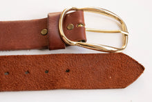 Load image into Gallery viewer, 1970s Leather Belt Brown Boho Oversized Buckle L