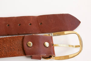 1970s Leather Belt Brown Boho Oversized Buckle L