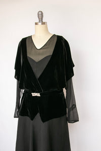 1920s Dress Black Velvet Chiffon Illusion Deco M