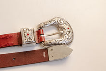 Load image into Gallery viewer, 1990s Belt Red Leather Engraved Jewel Buckle Western M