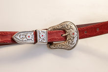 Load image into Gallery viewer, 1990s Belt Red Leather Engraved Jewel Buckle Western M