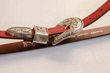 Load image into Gallery viewer, 1990s Belt Red Leather Engraved Jewel Buckle Western M