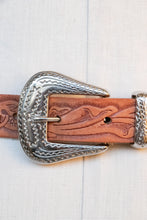 Load image into Gallery viewer, 1970s Western Belt Tooled Leather Silver Buckle S