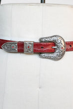 Load image into Gallery viewer, 1990s Belt Red Leather Engraved Jewel Buckle Western M