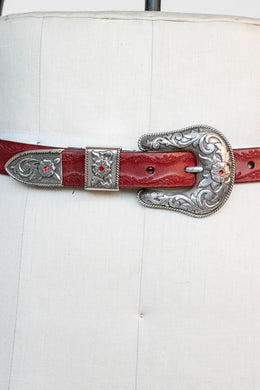 1990s Belt Red Leather Engraved Jewel Buckle Western M