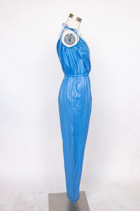 1980s Jumpsuit Blue Cotton Romper S/M