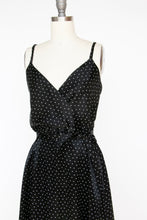 Load image into Gallery viewer, 1970s Midi Full Skirt Dress Black Stars Rayon Satin M