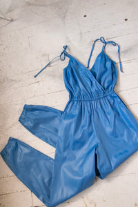 1980s Jumpsuit Blue Cotton Romper S/M