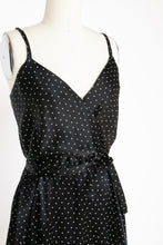 Load image into Gallery viewer, 1970s Midi Full Skirt Dress Black Stars Rayon Satin M