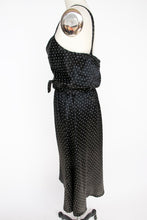 Load image into Gallery viewer, 1970s Midi Full Skirt Dress Black Stars Rayon Satin M