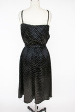 Load image into Gallery viewer, 1970s Midi Full Skirt Dress Black Stars Rayon Satin M