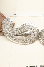 Load image into Gallery viewer, 1980s Belt Waist Cinch Brown Leather Paisley Buckle Dotty Smith L