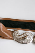 Load image into Gallery viewer, 1980s Belt Waist Cinch Brown Leather Paisley Buckle Dotty Smith L