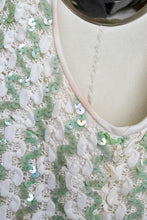 Load image into Gallery viewer, 1960s Dress Sequin Green Striped Sleeveless Wiggle Cocktail M