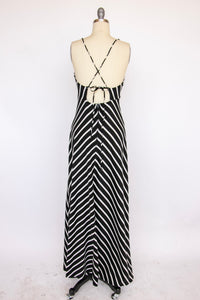 1970s Dress Black White Striped Backless Maxi S/M