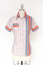 Load image into Gallery viewer, 1970s Blouse Striped Grid Print Short Sleeve Top S