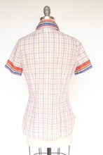 Load image into Gallery viewer, 1970s Blouse Striped Grid Print Short Sleeve Top S