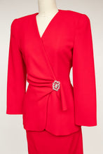 Load image into Gallery viewer, 1990s Suit Carolina Herrera Red Crepe Silk Skirt Jacket S/XS