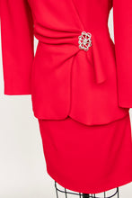 Load image into Gallery viewer, 1990s Suit Carolina Herrera Red Crepe Silk Skirt Jacket S/XS