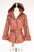 Load image into Gallery viewer, 1970s Leather Jacket Hooded Brown Cropped Belted S / XS