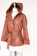 Load image into Gallery viewer, 1970s Leather Jacket Hooded Brown Cropped Belted S / XS