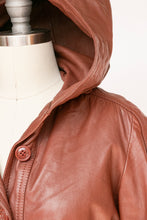 Load image into Gallery viewer, 1970s Leather Jacket Hooded Brown Cropped Belted S / XS