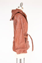Load image into Gallery viewer, 1970s Leather Jacket Hooded Brown Cropped Belted S / XS