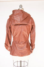 Load image into Gallery viewer, 1970s Leather Jacket Hooded Brown Cropped Belted S / XS