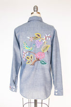 Load image into Gallery viewer, 1970s Chambray Shirt Button Up Embroidered Floral Bird M