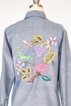 Load image into Gallery viewer, 1970s Chambray Shirt Button Up Embroidered Floral Bird M