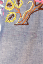 Load image into Gallery viewer, 1970s Chambray Shirt Button Up Embroidered Floral Bird M