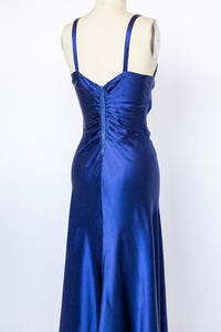 1930s Gown Blue Satin Bias Cut Dress S