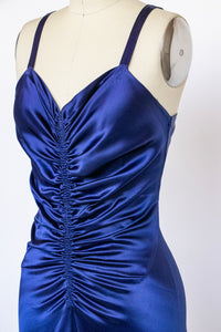 1930s Gown Blue Satin Bias Cut Dress S