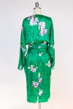 Load image into Gallery viewer, 1980s Dress Silk Emerald Floral Cocktail Long Sleeve M
