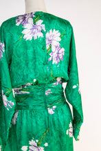 Load image into Gallery viewer, 1980s Dress Silk Emerald Floral Cocktail Long Sleeve M