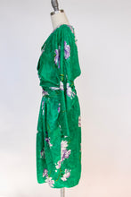 Load image into Gallery viewer, 1980s Dress Silk Emerald Floral Cocktail Long Sleeve M