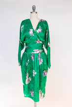 Load image into Gallery viewer, 1980s Dress Silk Emerald Floral Cocktail Long Sleeve M