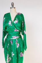 Load image into Gallery viewer, 1980s Dress Silk Emerald Floral Cocktail Long Sleeve M