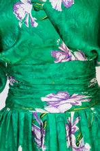 Load image into Gallery viewer, 1980s Dress Silk Emerald Floral Cocktail Long Sleeve M