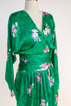 Load image into Gallery viewer, 1980s Dress Silk Emerald Floral Cocktail Long Sleeve M